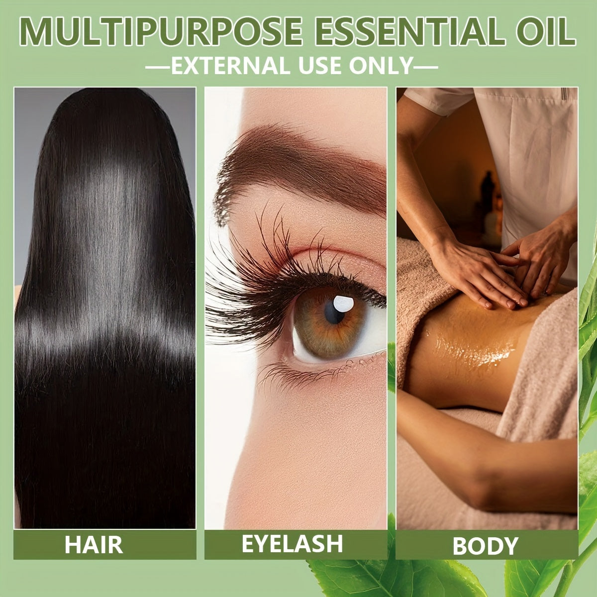 Advertisement for multipurpose essential oil with images of hair, eyelashes, and body massage on a green background.