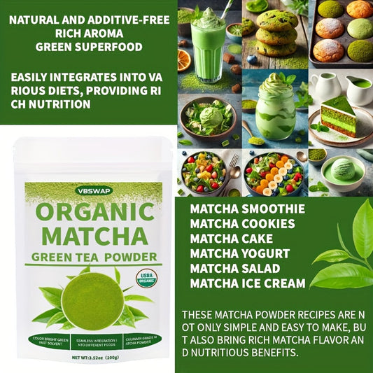 Vswap Organic Matcha green tea powder packaging with matcha recipes and benefits displayed.
