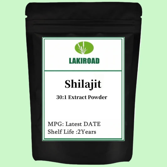 Black packaging of Lakiroad Shilajit 30:1 Extract Powder on a light green background