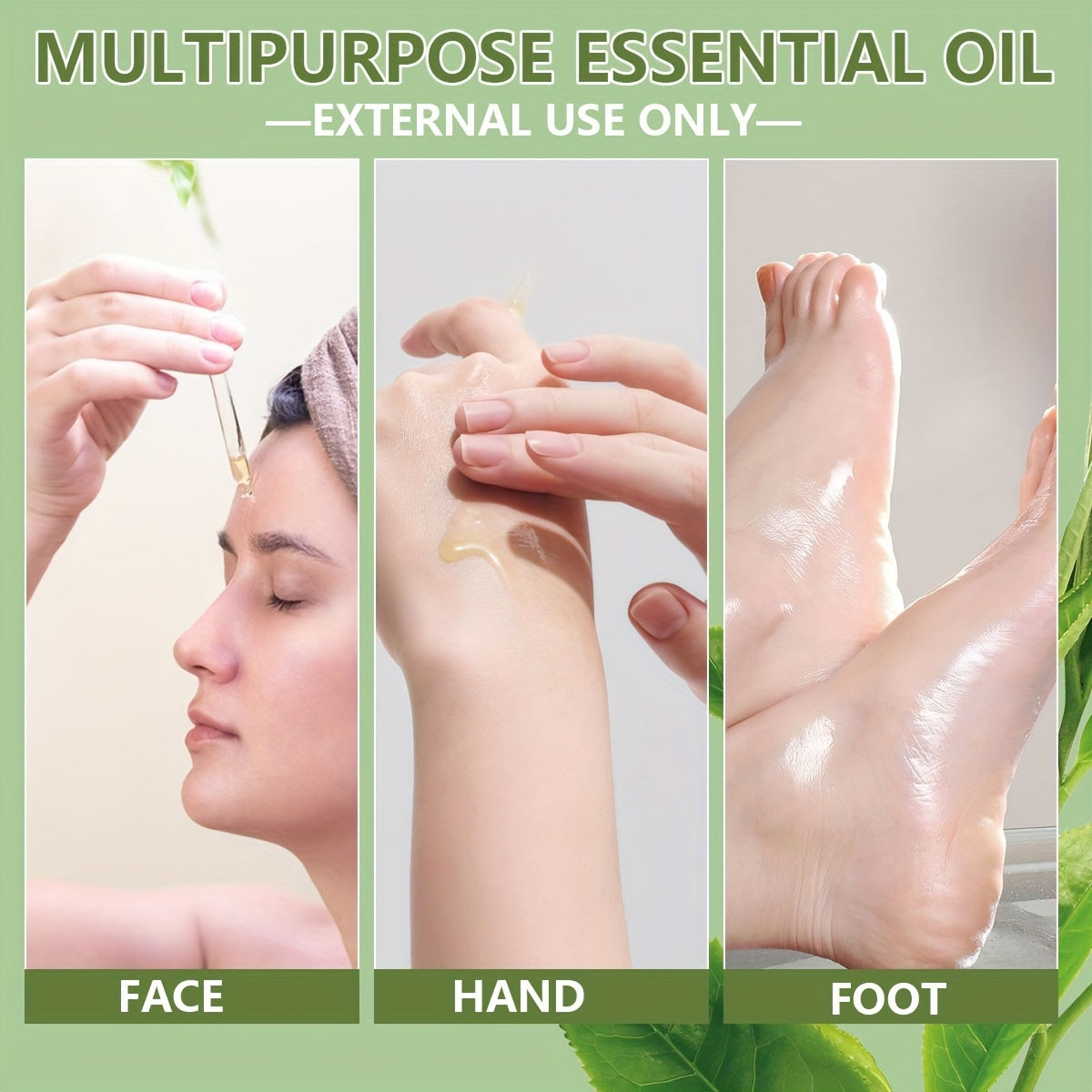 Multifunctional essential oil use on face, hand, and foot with green background