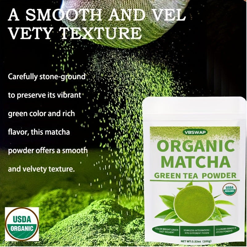 VBSwap Organic Matcha Green Tea Powder packaging with text about texture and USDA Organic label.