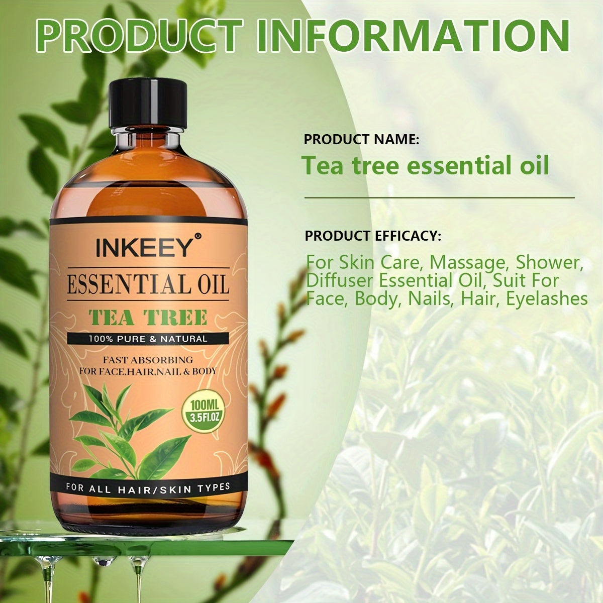 Bottle of INKEEY Tea tree essential oil with product details on a green background
