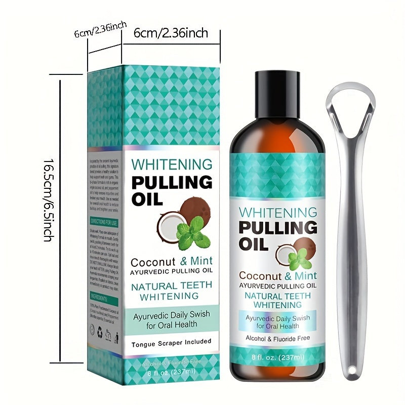 Whitening pulling oil with packaging and tongue scraper on a white background