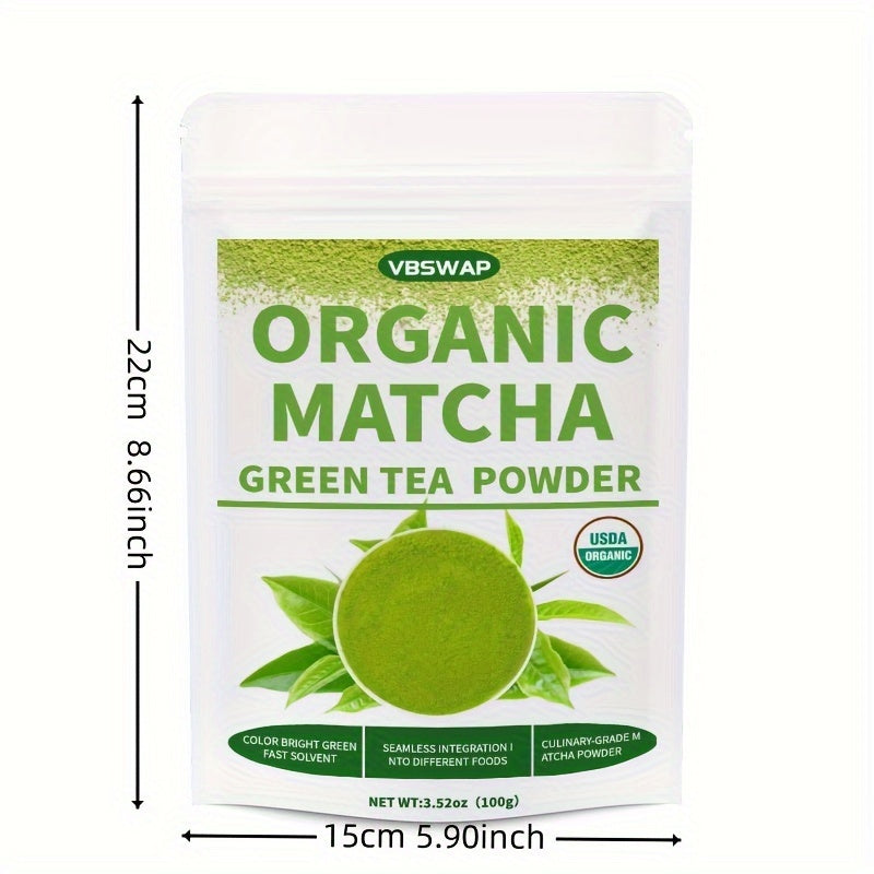 VBSwap Organic Matcha Green Tea Powder packaging with dimensions on a white background
