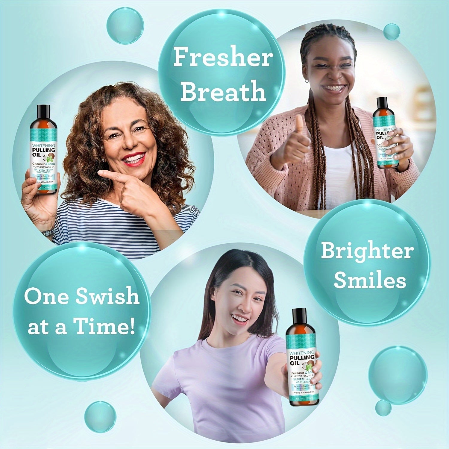 Promotional image of people using a mouthwash product with text on a light blue background
