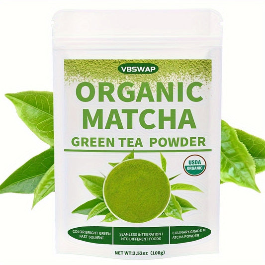 VBSwap Organic Matcha Green Tea Powder packaging with tea leaves on a white background