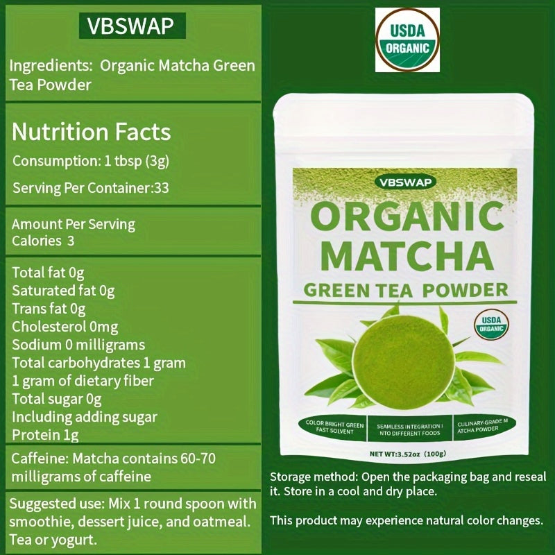 VBSwap Organic Matcha Green Tea Powder packaging with nutritional information on a green background