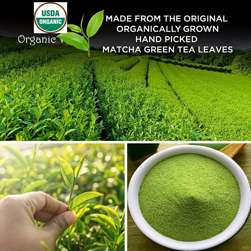 Collage of matcha green tea production stages with USDA Organic logo.