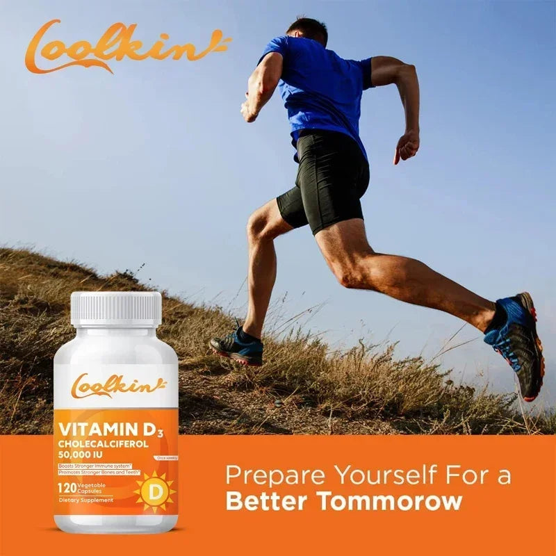 Person running outdoors with a bottle of Coolkin Vitamin D3 supplement in the foreground.