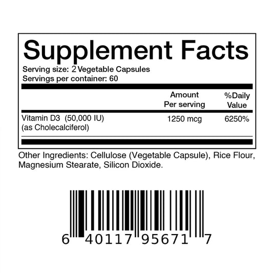 Supplement facts label with vitamin D3 content on a white background