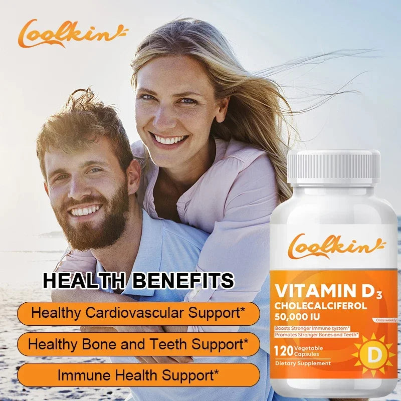 Couple embracing with a bottle of Coolkin Vitamin D3 supplement on a beach.