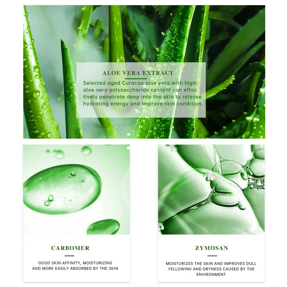 Aloe vera extract with droplets and text on a green background