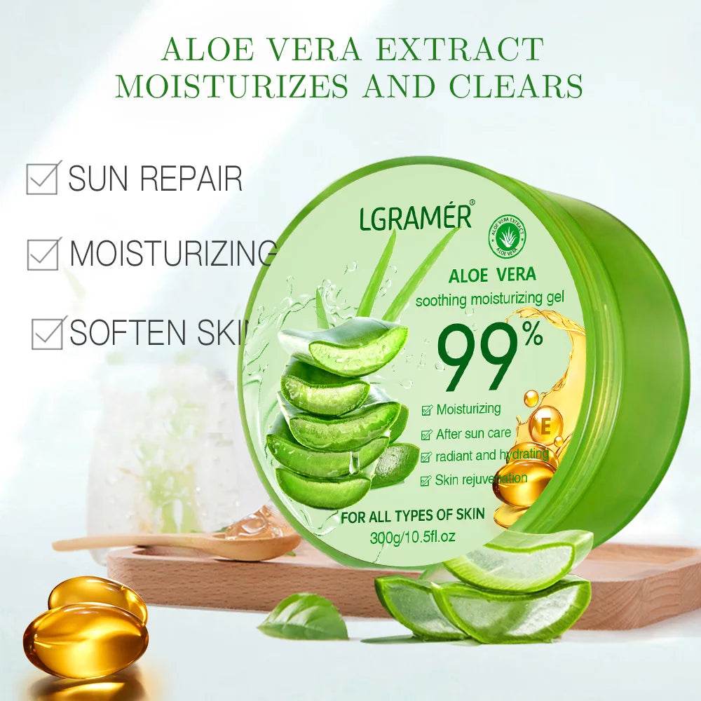 LGRAMÓR aloe vera gel container with aloe vera leaves and benefits listed on a light background