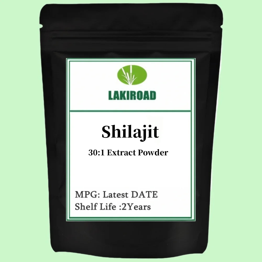 Black packaging of Lakiroad Shilajit 30:1 Extract Powder on a light green background