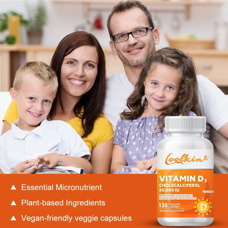 Family with children and a Coakley Vitamin D3 supplement bottle on an orange background