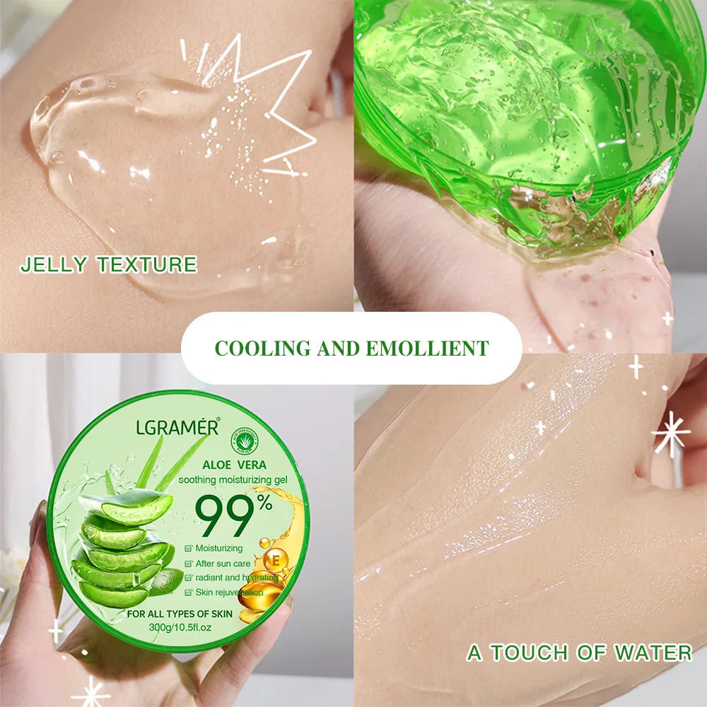 Collage of aloe vera gel packaging, application on skin, and close-up of gel texture.