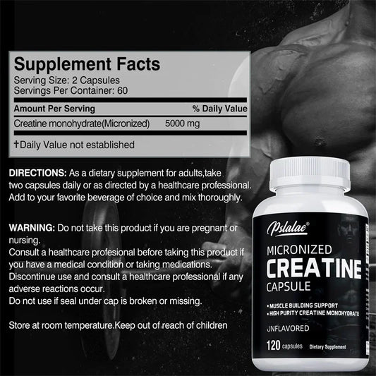 Creatine supplement bottle showing dosage and nutrition facts