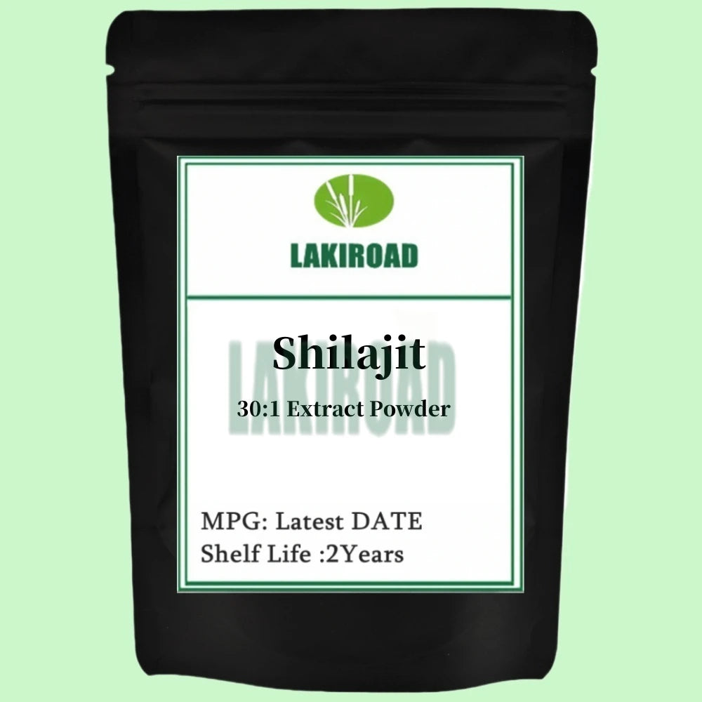 Lakiroad Shilajit 30:1 Extract Powder packaging on a light green background