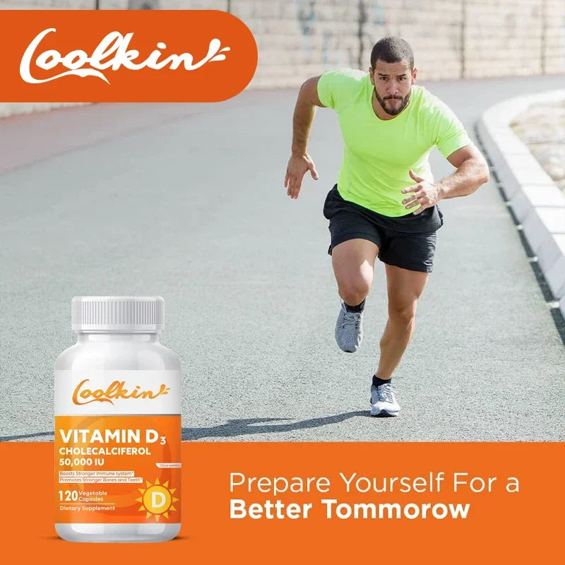Man running on a road with a Coakkin vitamin D3 supplement bottle and text overlay.