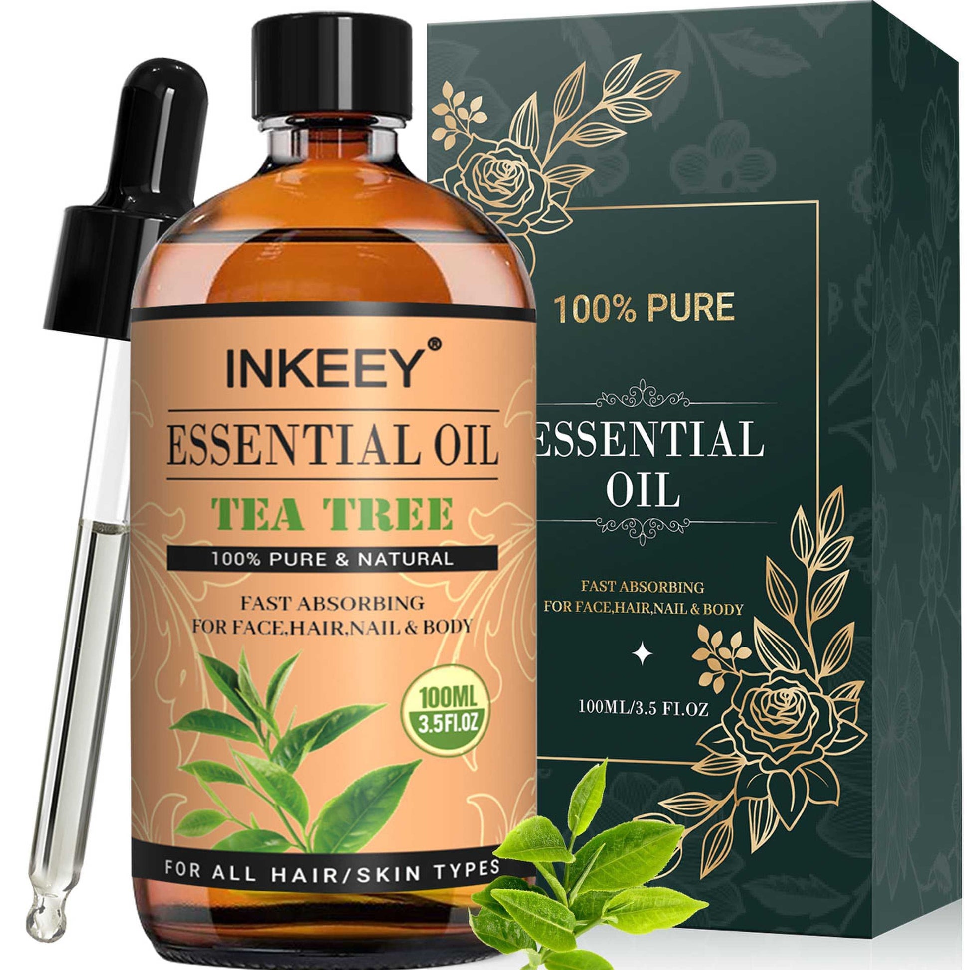 INKEEY Tea Tree essential oil bottle with dropper and packaging on a white background