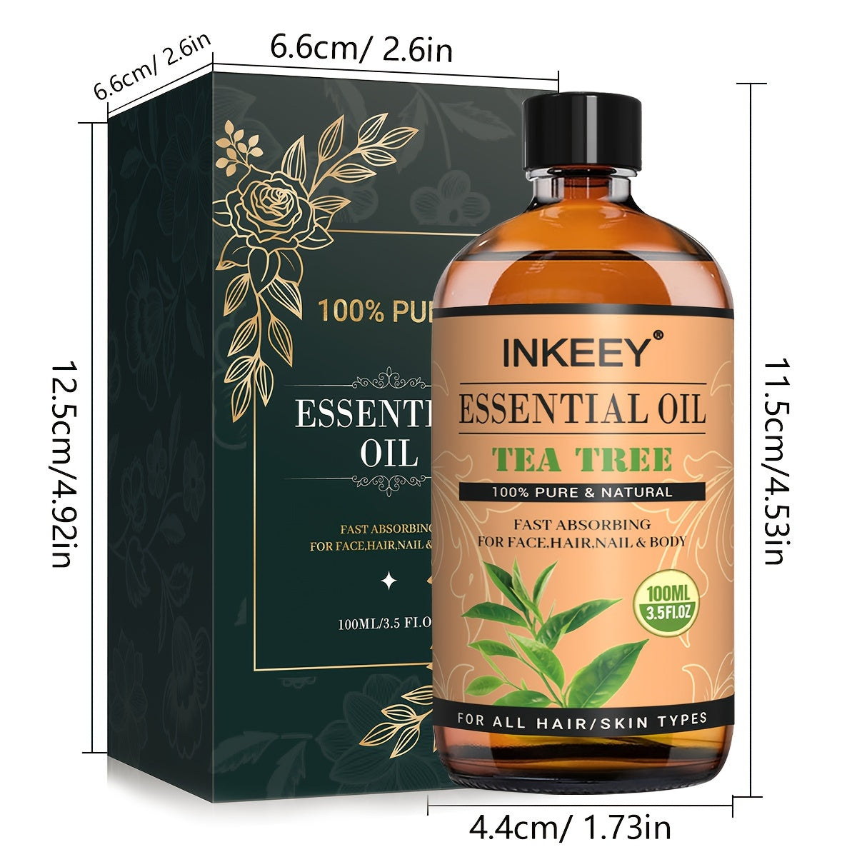 INKEEY Tea Tree Essential Oil bottle and packaging with dimensions on a white background