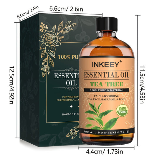 INKEEY Tea Tree Essential Oil bottle and packaging with dimensions on a white background