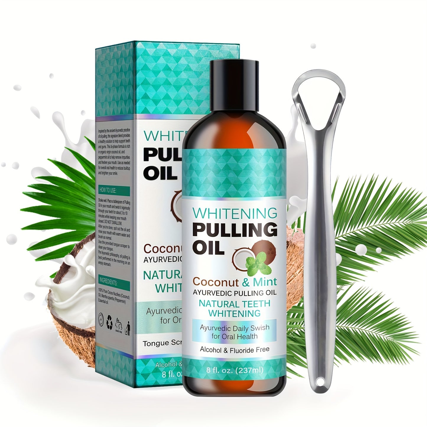Whitening Pulling Oil with packaging, coconut, and dental tool on a white background
