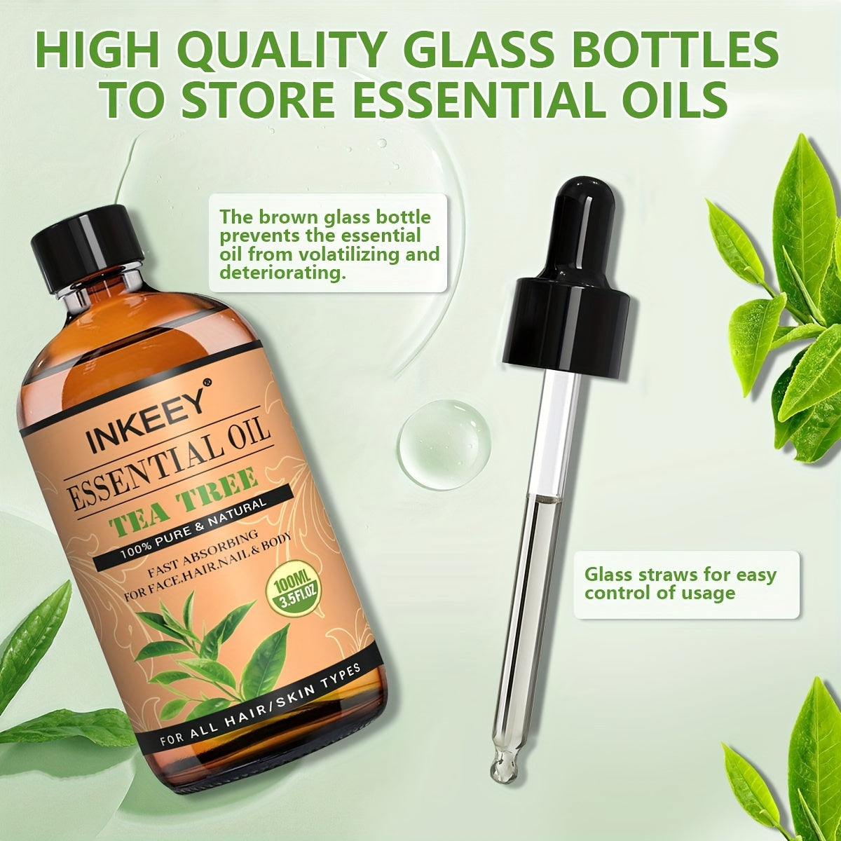INKEEY essential oil bottle with tea tree flavor, dropper, and green leaves on a light green background