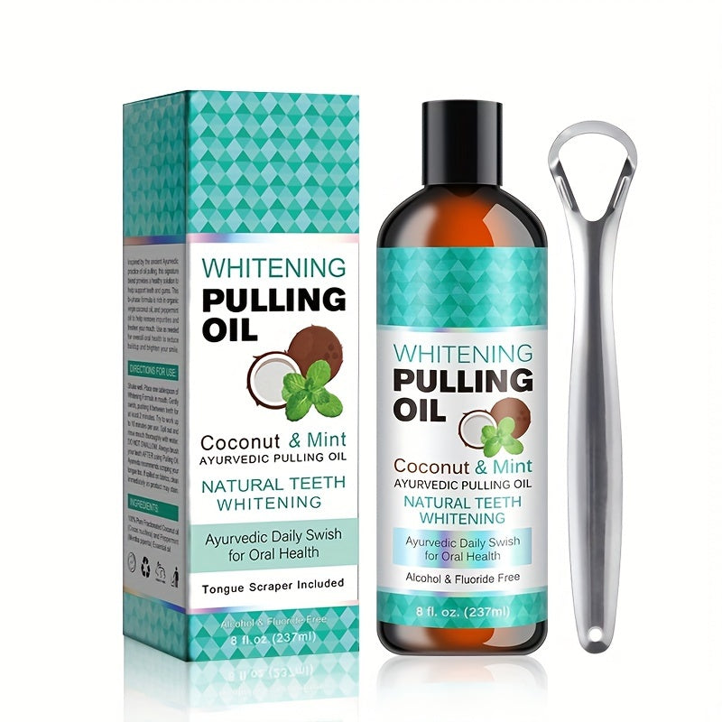 Whitening pulling oil with packaging and tongue scraper on a white background