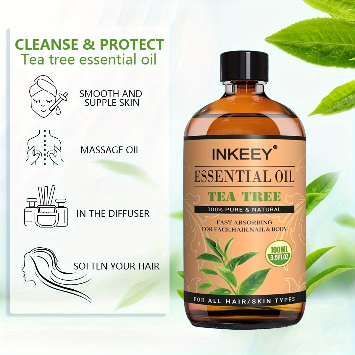 Inkeey Tea Tree essential oil bottle with usage instructions on a light green background
